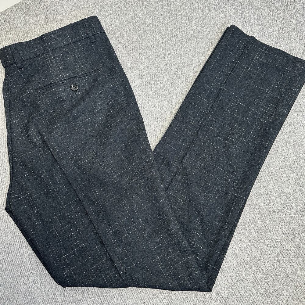 Wehilion Mens Charcoal Gray Plaid Dress Pants Slim Fit Flat Front Office 36x33